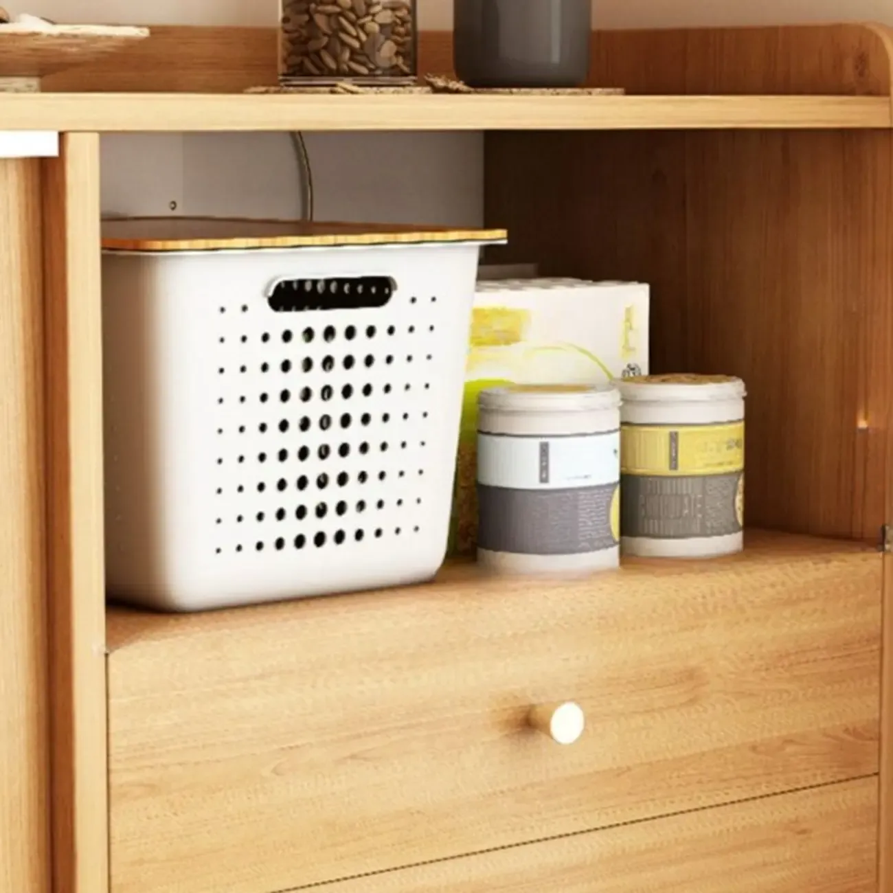 Modern Wood Narrow Sideboard with Sliding Doors Image - 8