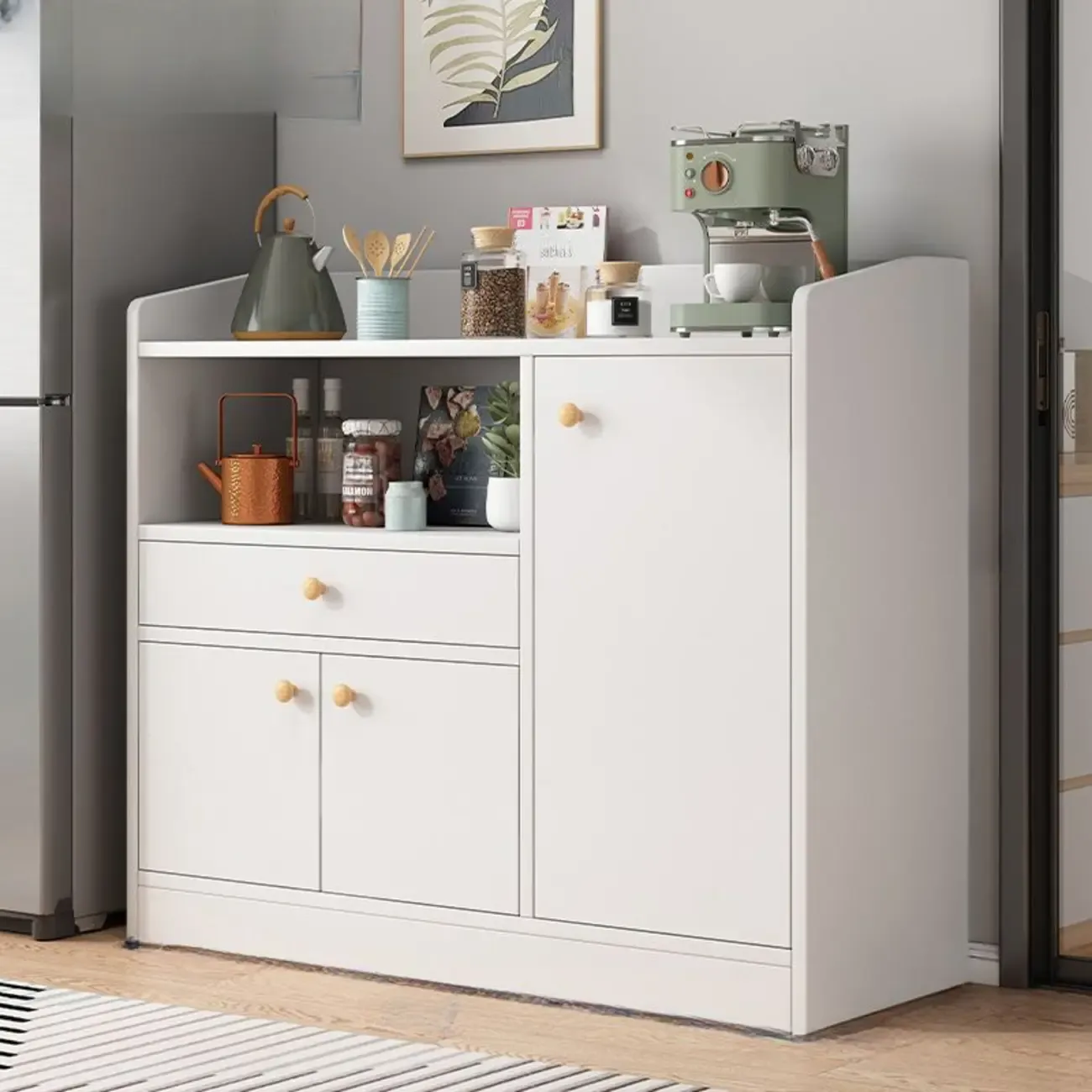 Modern Wood Narrow Sideboard with Sliding Doors Image - 12