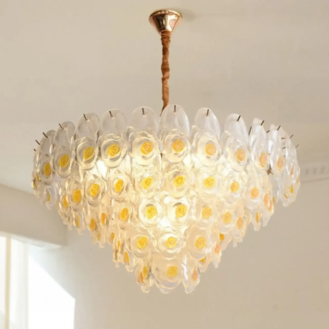 Gold Glass Floral Design Crystal Chandelier Lights Image - 1