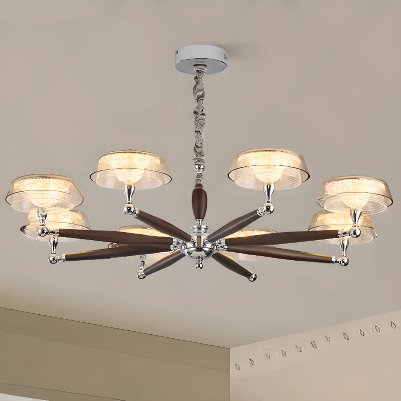 Brown Linear Wood Glass Modern Crystal Chandelier Light Image - 1 | homeyfad