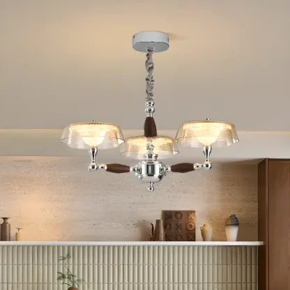 Brown Linear Wood Glass Modern Crystal Chandelier Light Image - 4