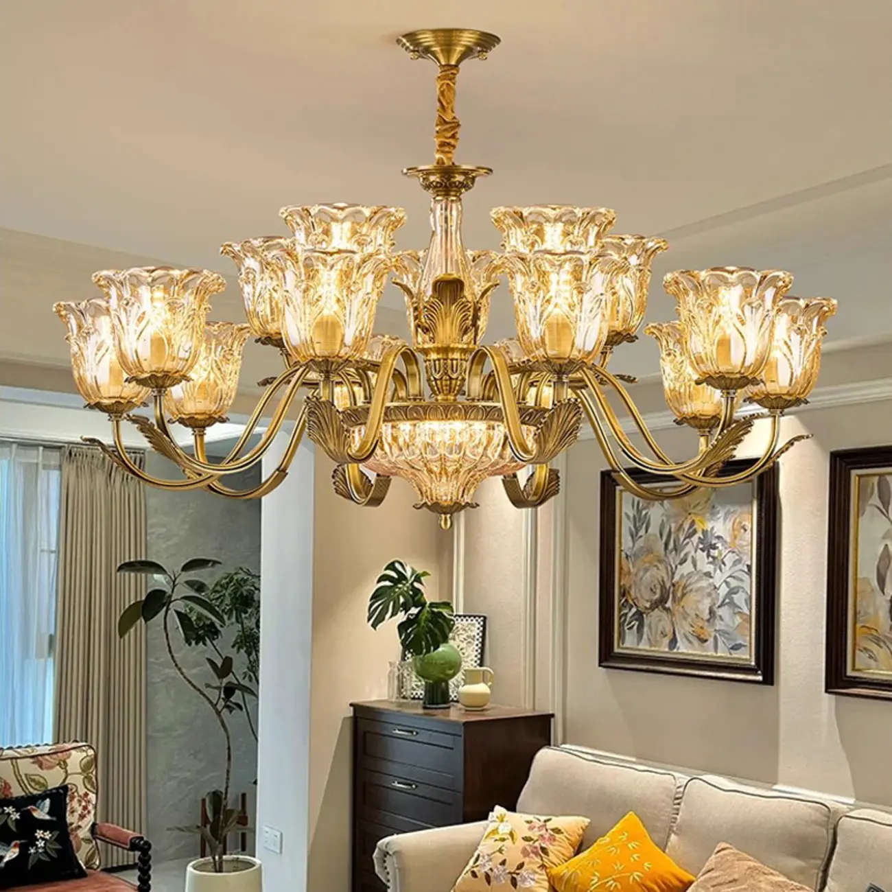 Gold Floral Glass Crystal Linear Modern Chandelier Image - 1 | homeyfad