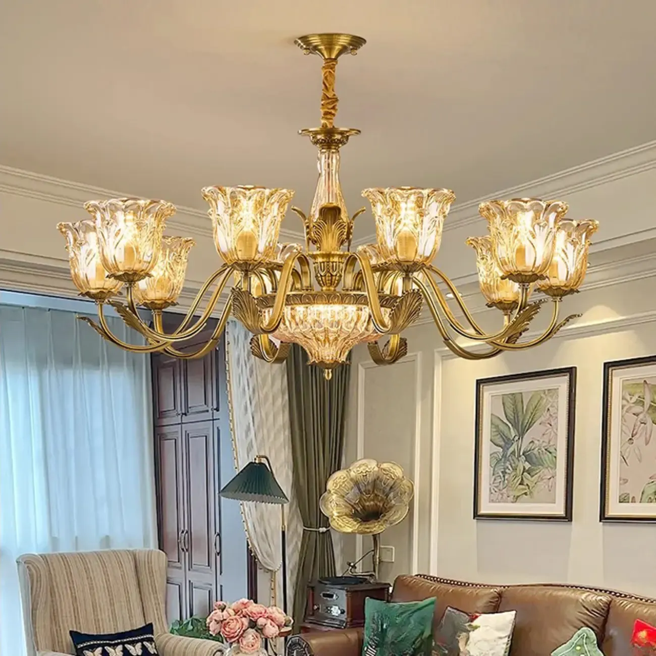 Gold Floral Glass Crystal Linear Modern Chandelier Image - 3