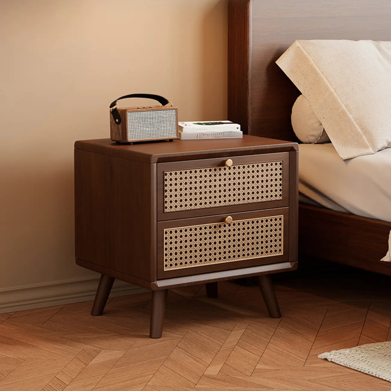 Small Elegant Rattan Drawer Wood Nightstand with Legs Image - 1 | homeyfad