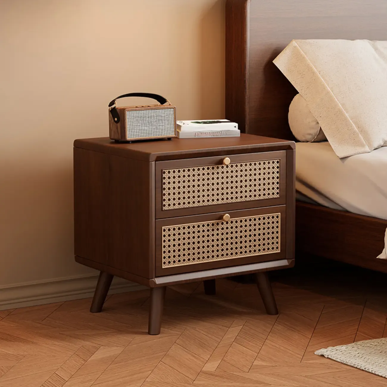 Small Elegant Rattan Drawer Wood Nightstand with Legs Image - 1