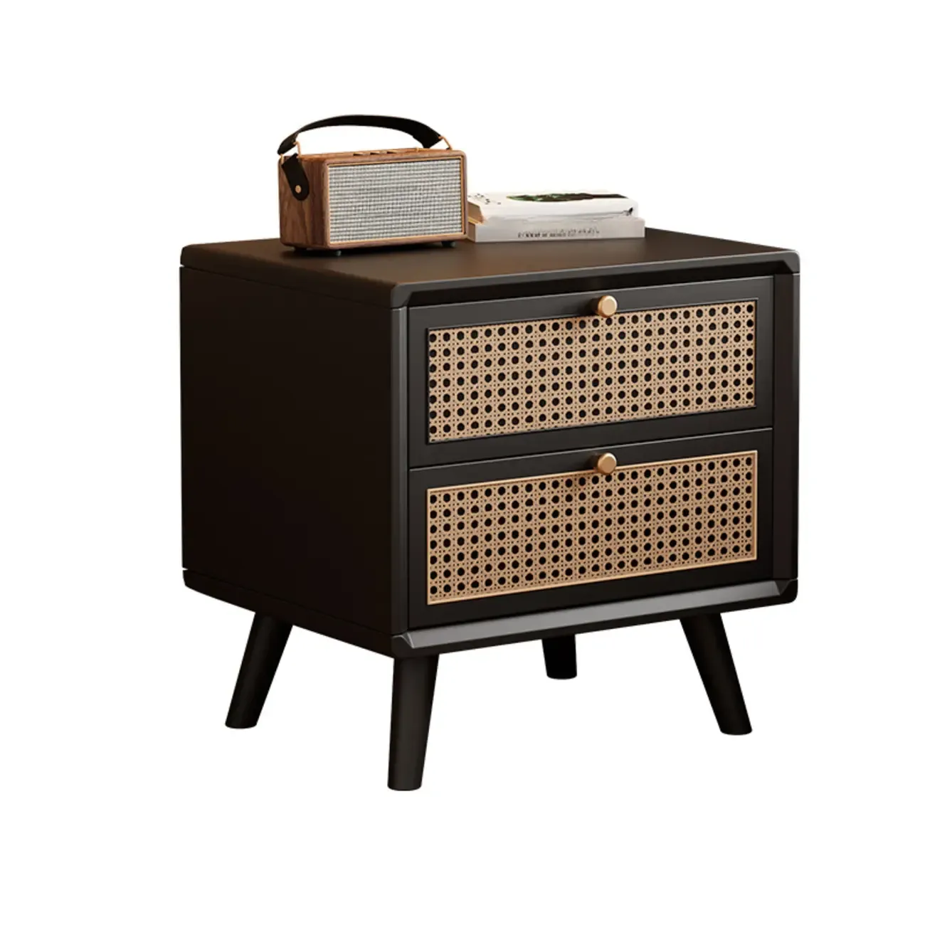 Small Elegant Rattan Drawer Wood Nightstand with Legs Image - 2