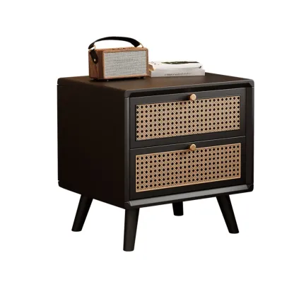 Small Elegant Rattan Drawer Wood Nightstand with Legs Image - 2