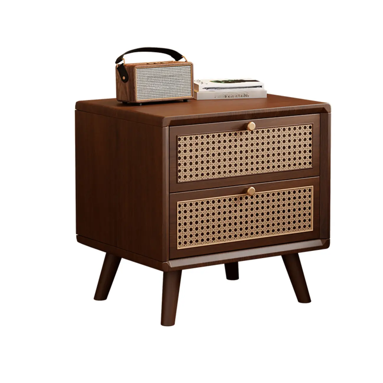 Small Elegant Rattan Drawer Wood Nightstand with Legs Image - 3 | homeyfad