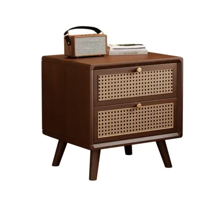 Small Elegant Rattan Drawer Wood Nightstand with Legs Image - 3