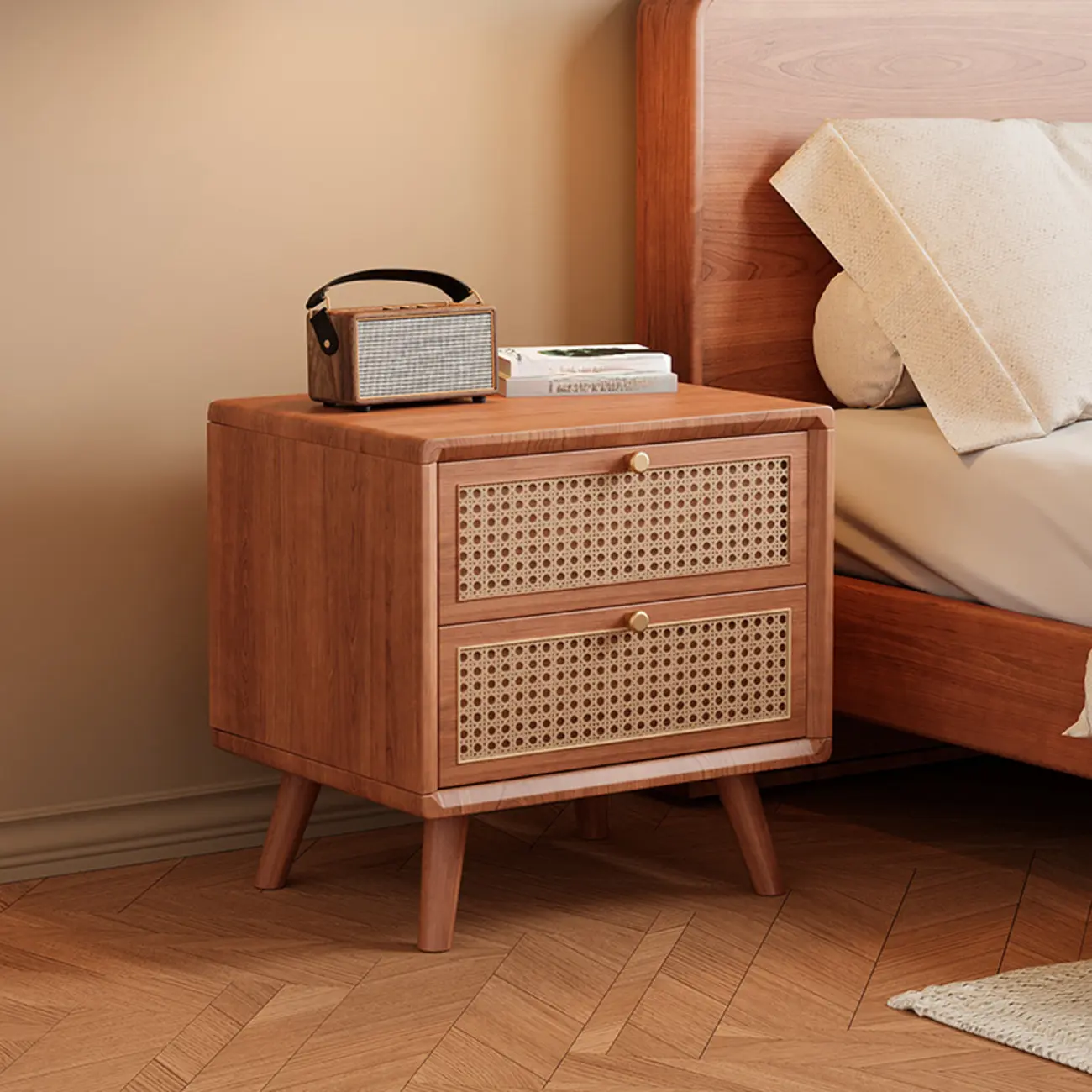 Small Elegant Rattan Drawer Wood Nightstand with Legs Image - 4 | homeyfad