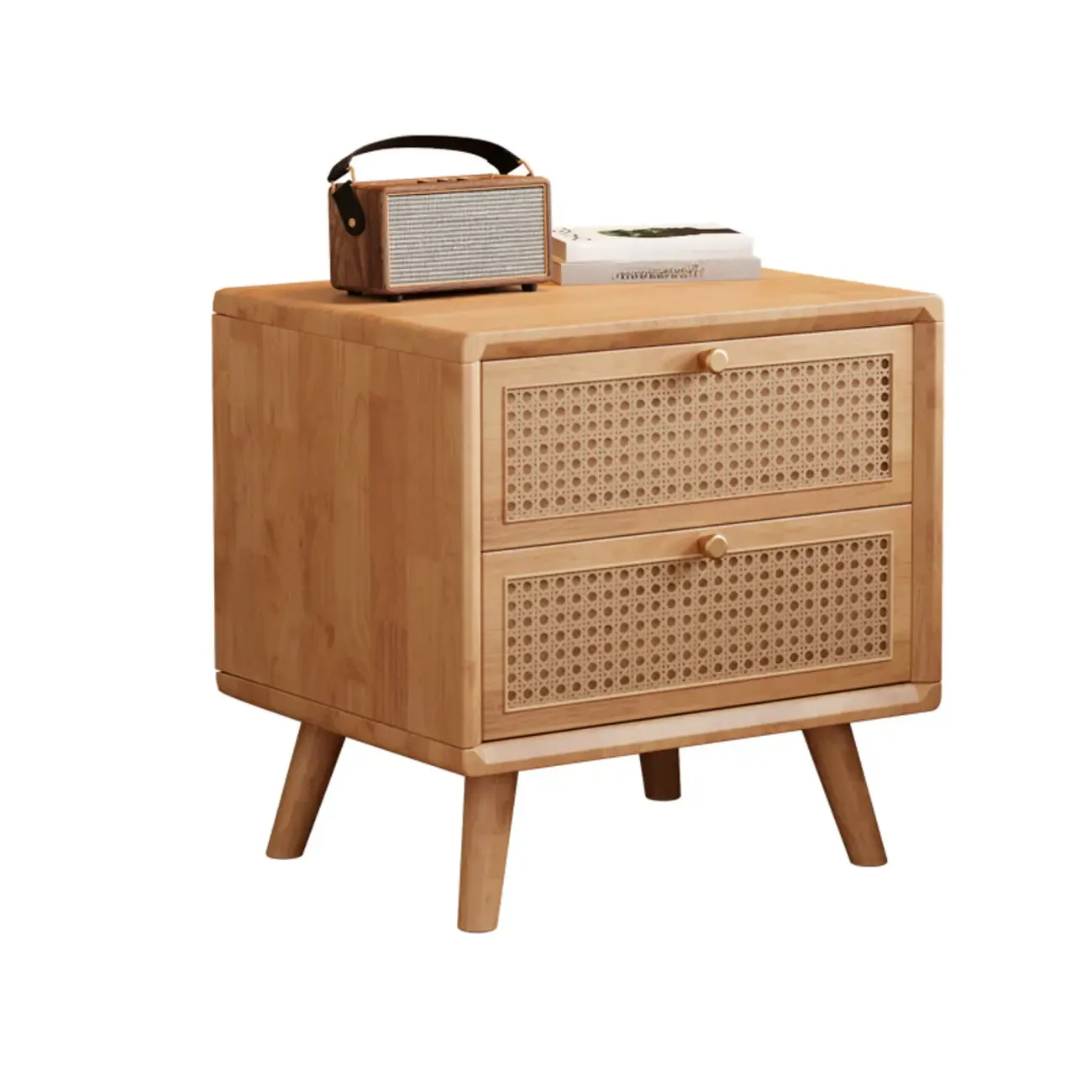 Small Elegant Rattan Drawer Wood Nightstand with Legs Image - 5