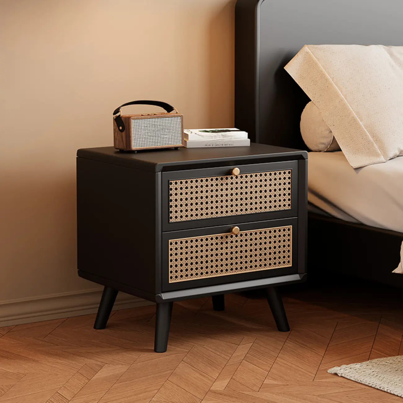 Small Elegant Rattan Drawer Wood Nightstand with Legs Image - 6 | homeyfad