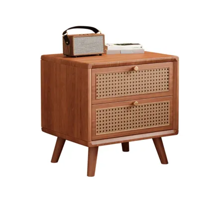 Small Elegant Rattan Drawer Wood Nightstand with Legs Image - 7