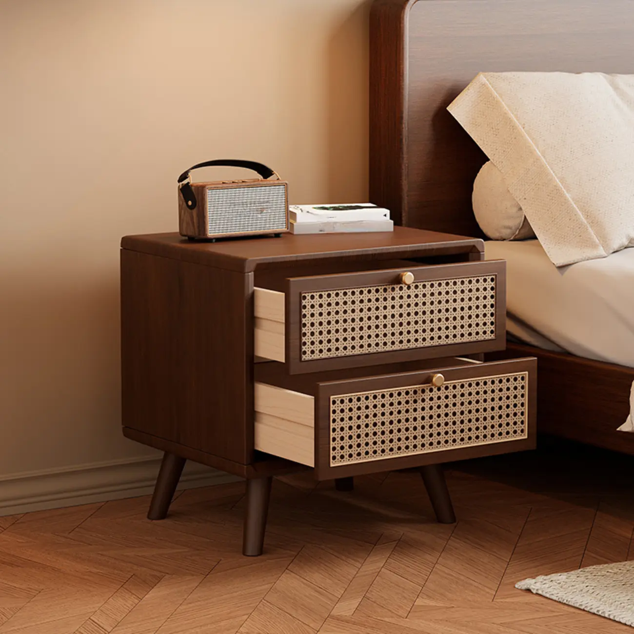 Small Elegant Rattan Drawer Wood Nightstand with Legs Image - 8 | homeyfad