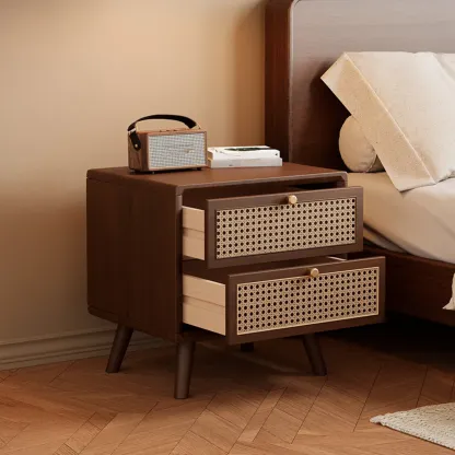 Small Elegant Rattan Drawer Wood Nightstand with Legs Image - 8