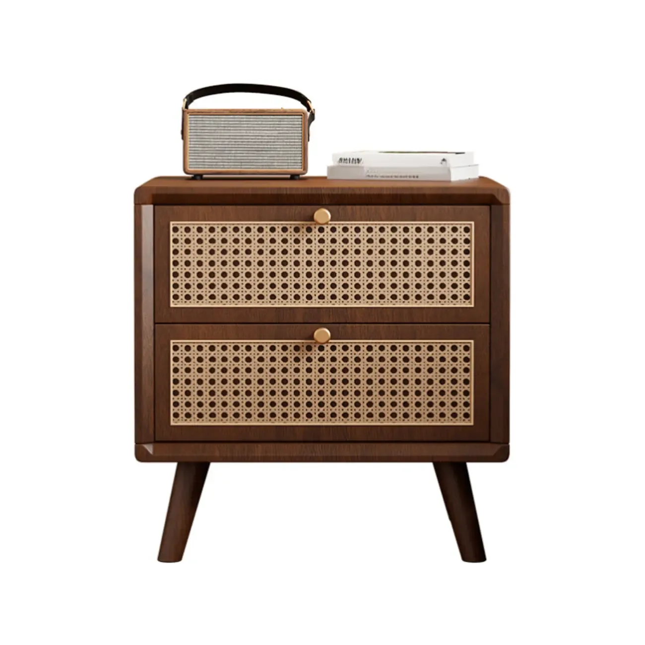 Small Elegant Rattan Drawer Wood Nightstand with Legs Image - 9