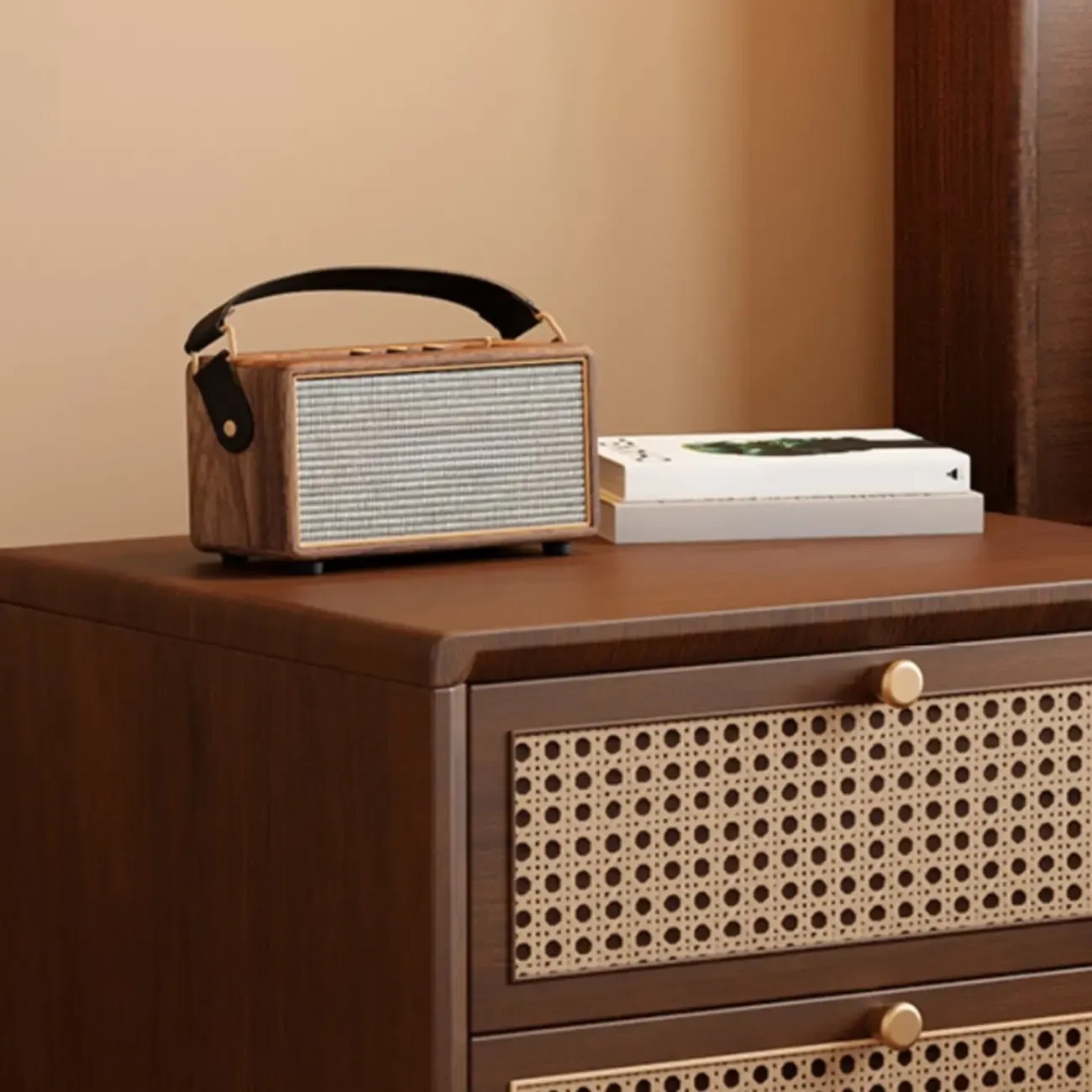 Small Elegant Rattan Drawer Wood Nightstand with Legs Image - 11