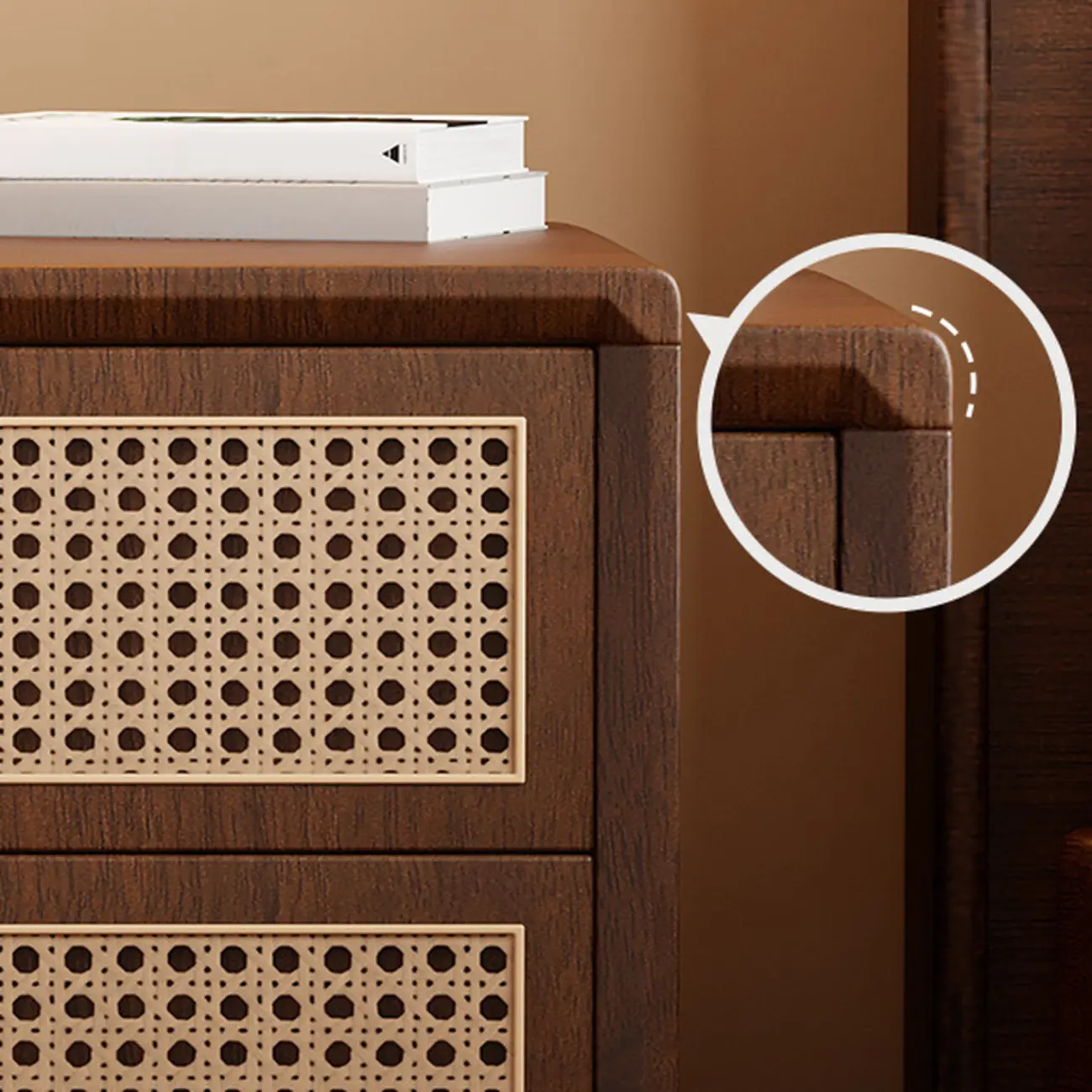 Small Elegant Rattan Drawer Wood Nightstand with Legs Image - 13 | homeyfad