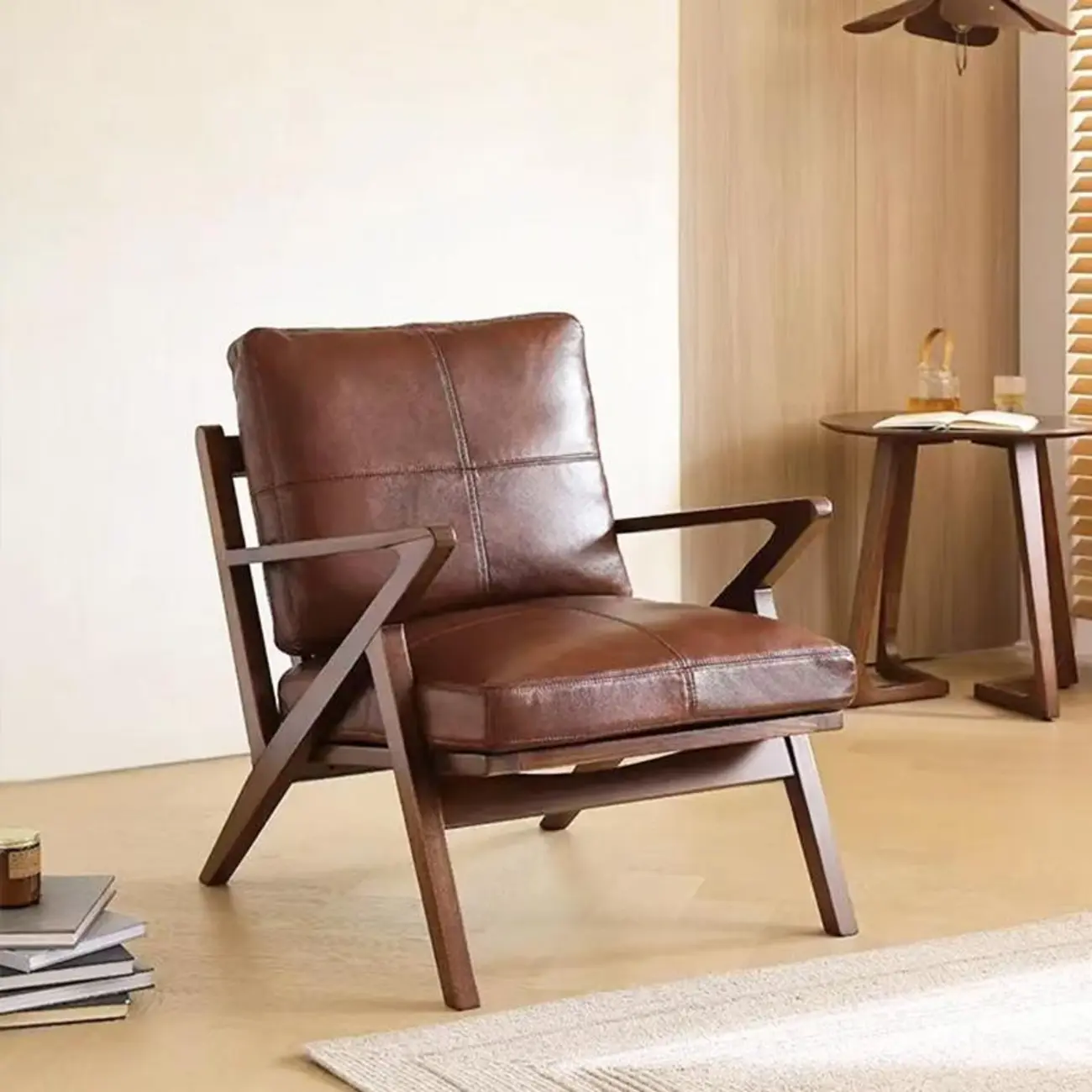 Mid-Century Modern Top Grain Leather Arm Chair Wood Frame Image - 1 | homeyfad