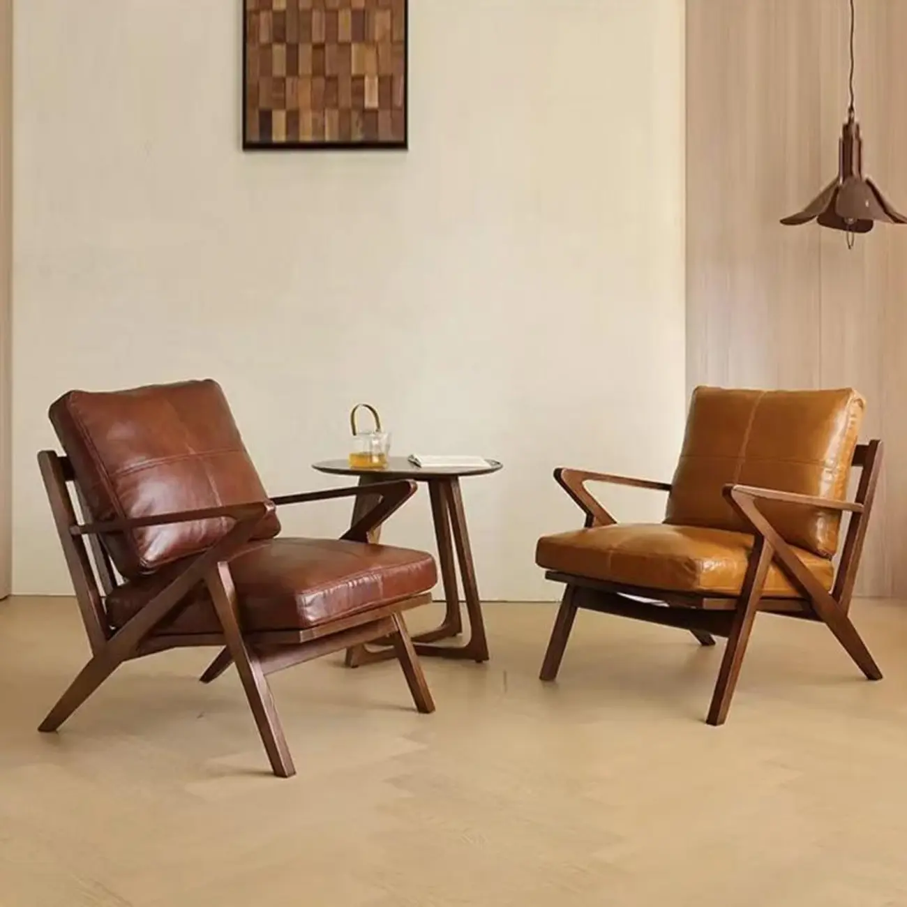 Mid-Century Modern Top Grain Leather Arm Chair Wood Frame Image - 4 | homeyfad