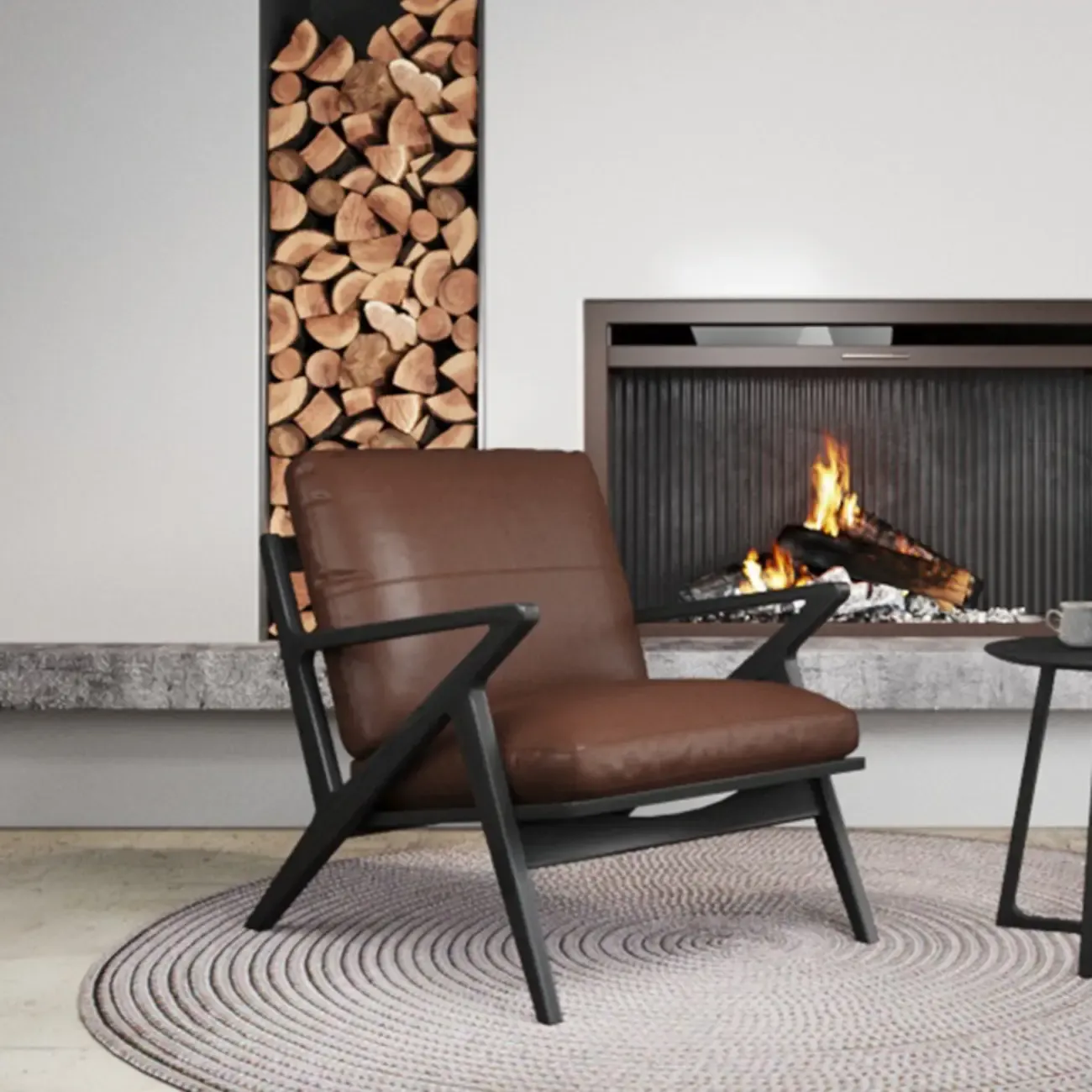 Mid-Century Modern Top Grain Leather Arm Chair Wood Frame Image - 5