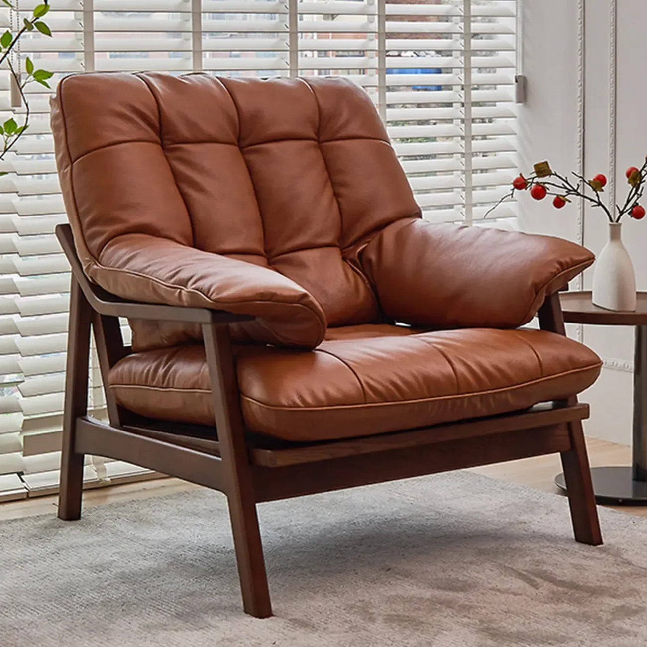 Brown Upholstered Genuine Leather Living Room Accent Chair Image - 1