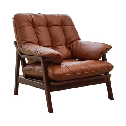 Brown Upholstered Genuine Leather Living Room Accent Chair Image - 2