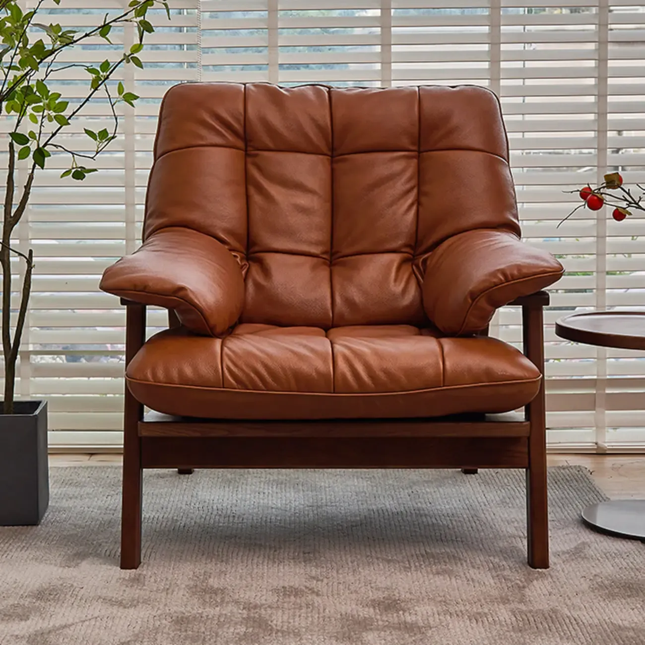 Brown Upholstered Genuine Leather Living Room Accent Chair Image - 3