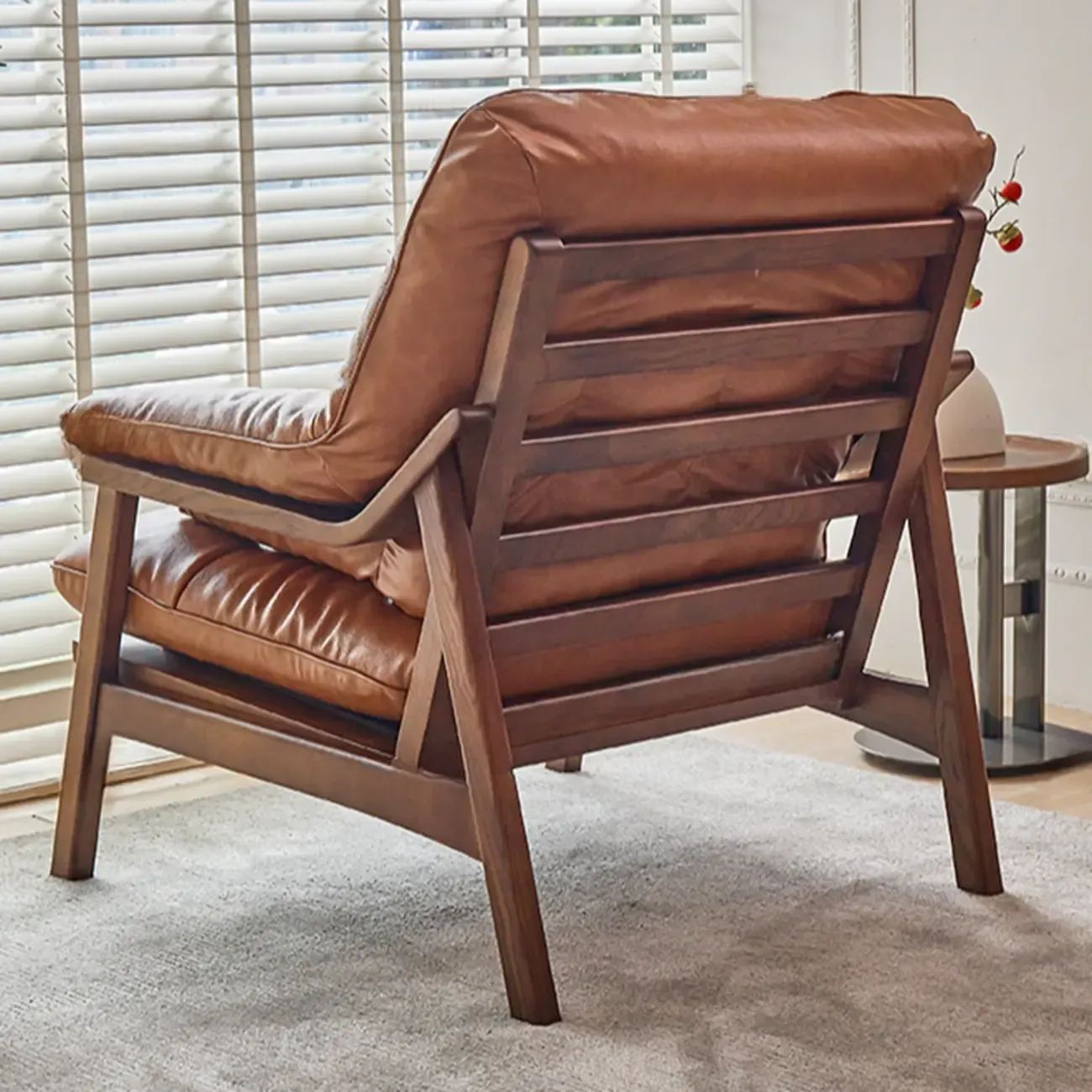 Brown Upholstered Genuine Leather Living Room Accent Chair Image - 4