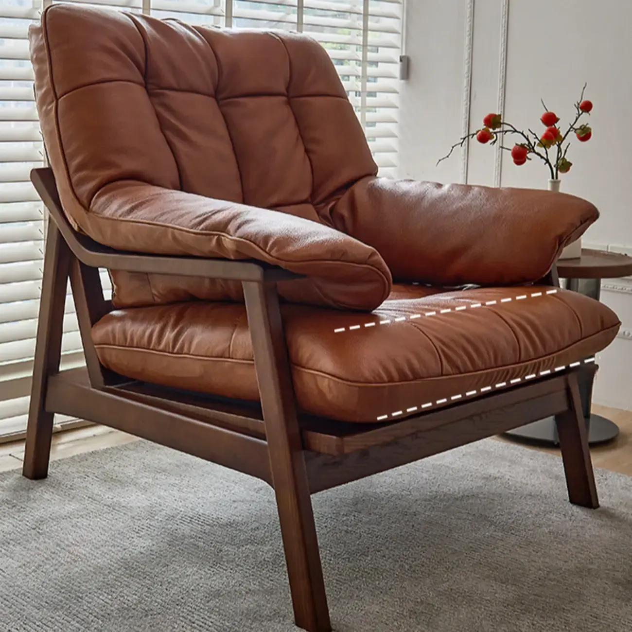 Brown Upholstered Genuine Leather Living Room Accent Chair Image - 5