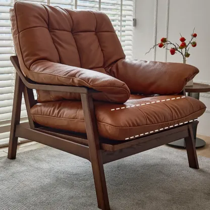 Brown Upholstered Genuine Leather Living Room Accent Chair Image - 5