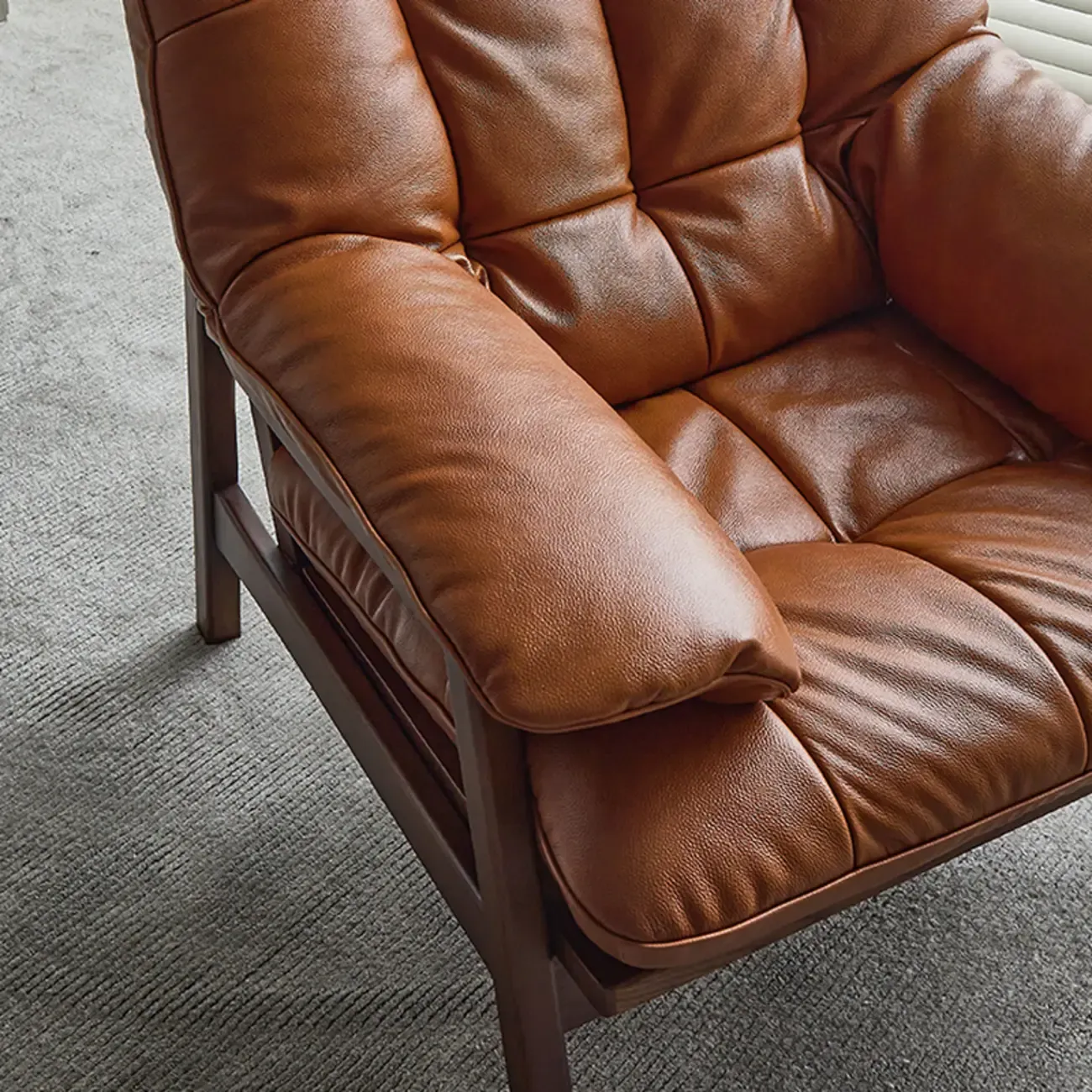 Brown Upholstered Genuine Leather Living Room Accent Chair Image - 6