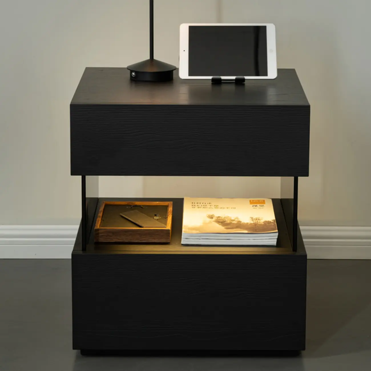 Modern Black Wood Low Drawer Storage Nightstand  Image - 3 | homeyfad
