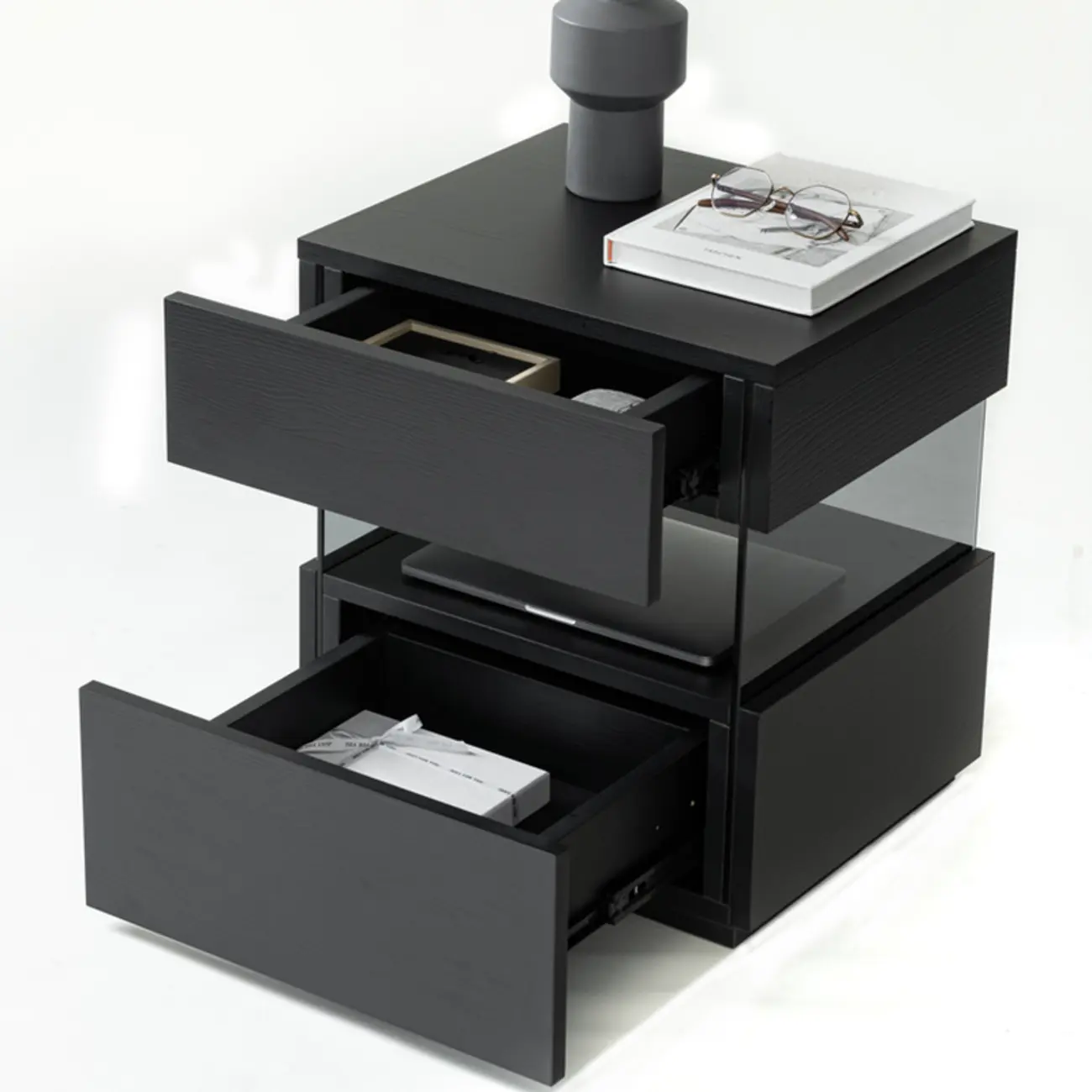 Modern Black Wood Low Drawer Storage Nightstand  Image - 4 | homeyfad