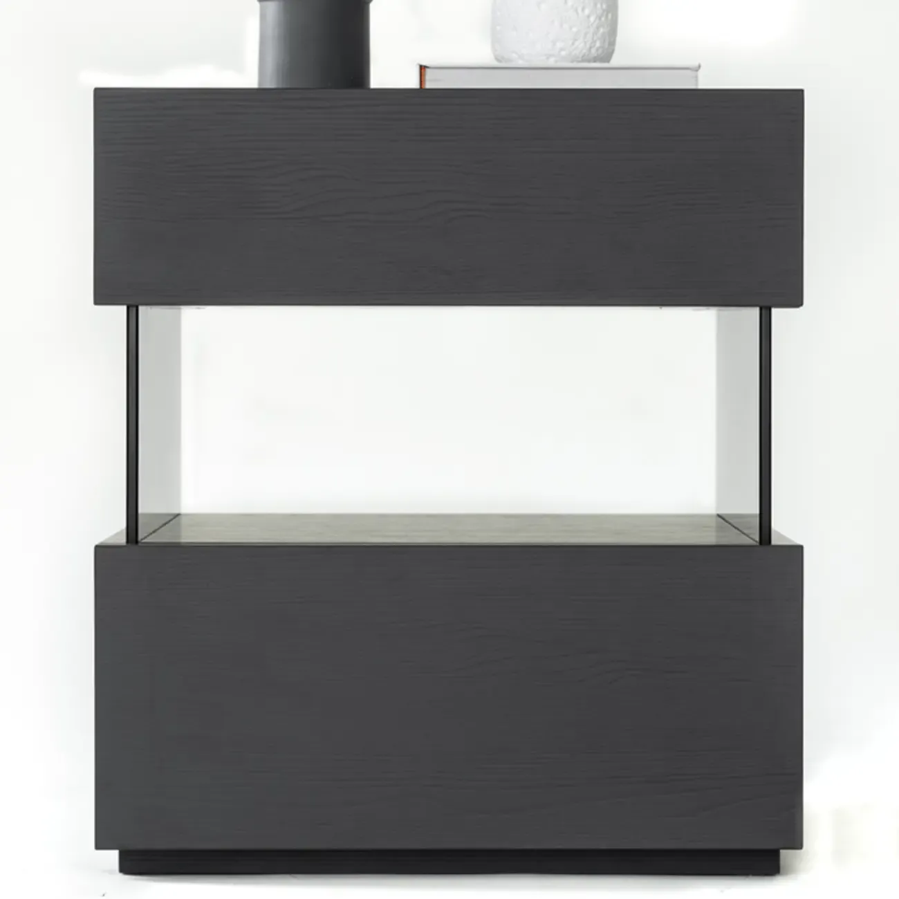 Modern Black Wood Low Drawer Storage Nightstand  Image - 5