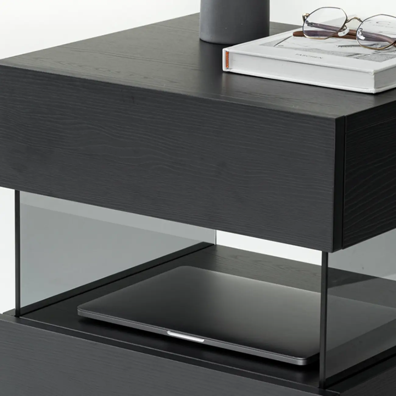 Modern Black Wood Low Drawer Storage Nightstand  Image - 7 | homeyfad