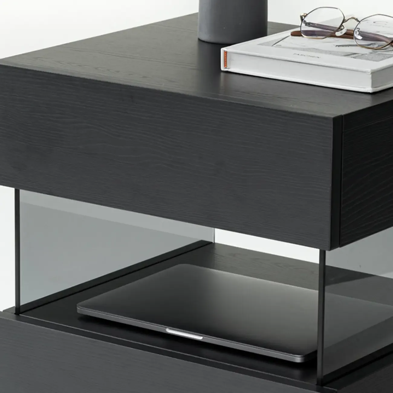 Modern Black Wood Low Drawer Storage Nightstand  Image - 7