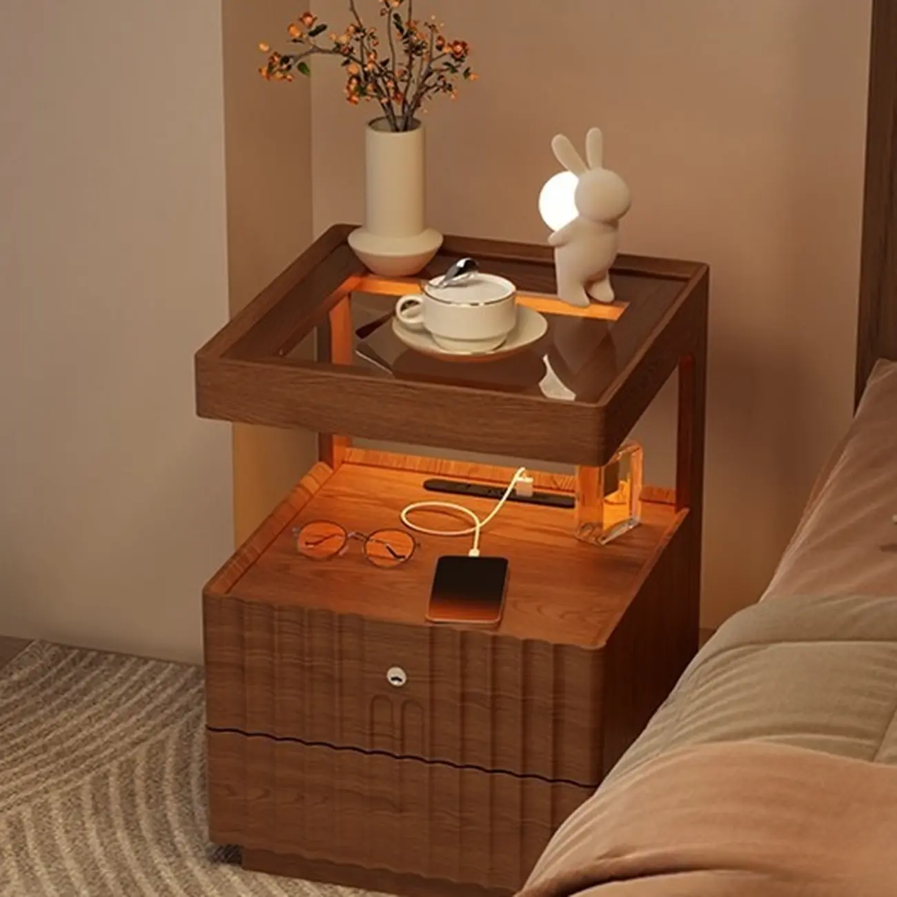 Glass Top Wooden 2-drawer Nightstand with Led Lighting Image - 1 | homeyfad