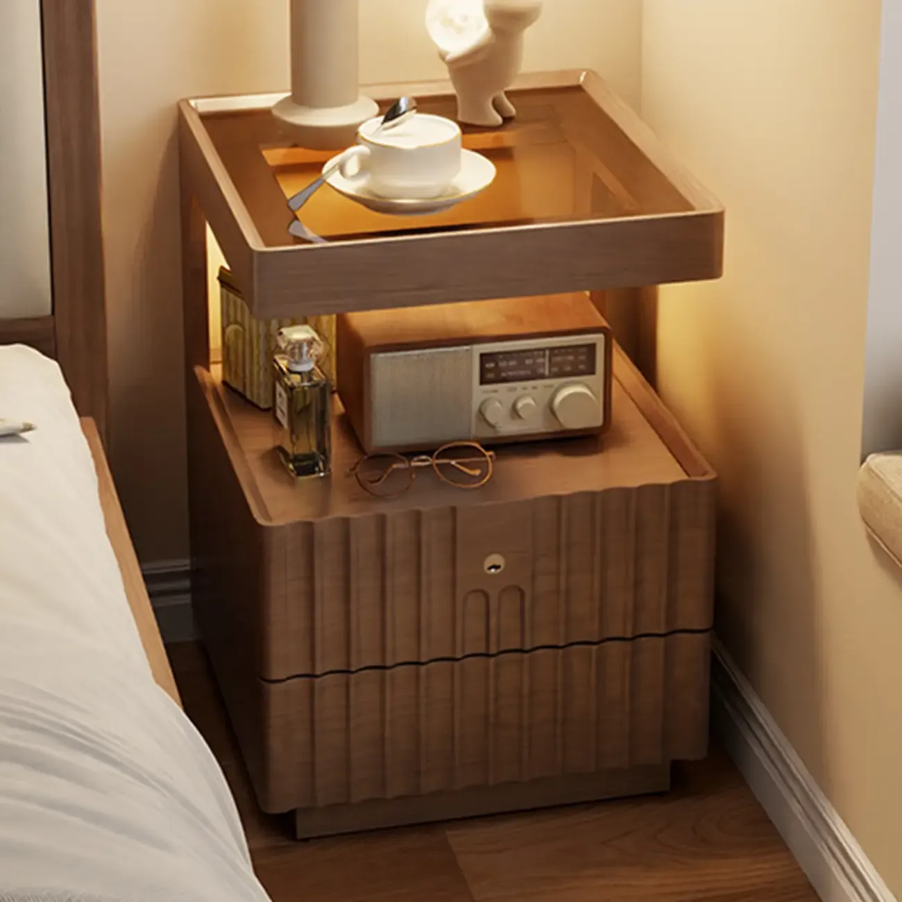 Glass Top Wooden 2-drawer Nightstand with Led Lighting Image - 2