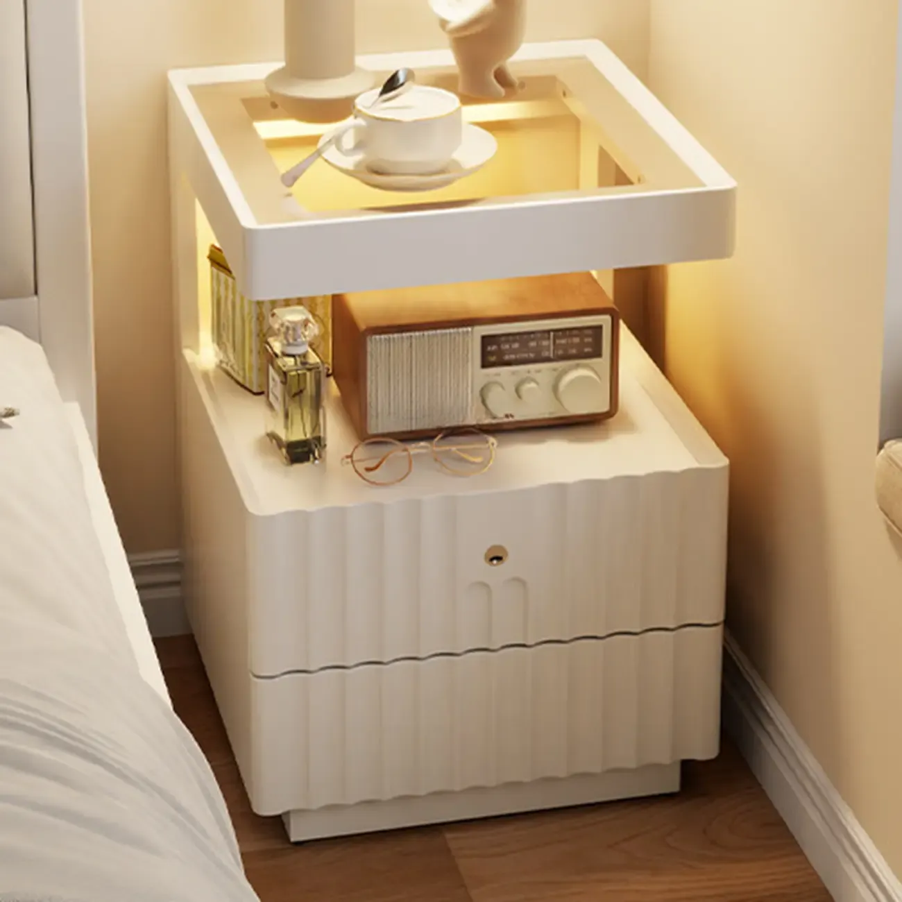 Glass Top Wooden 2-drawer Nightstand with Led Lighting Image - 4
