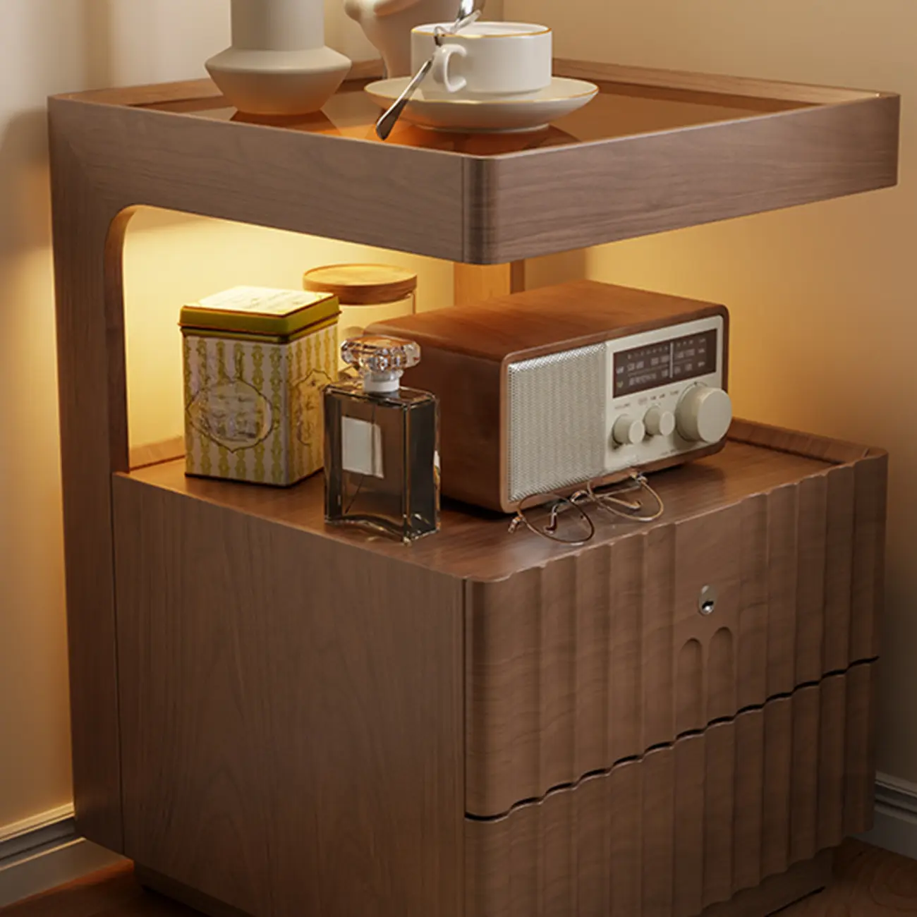 Glass Top Wooden 2-drawer Nightstand with Led Lighting Image - 5 | homeyfad