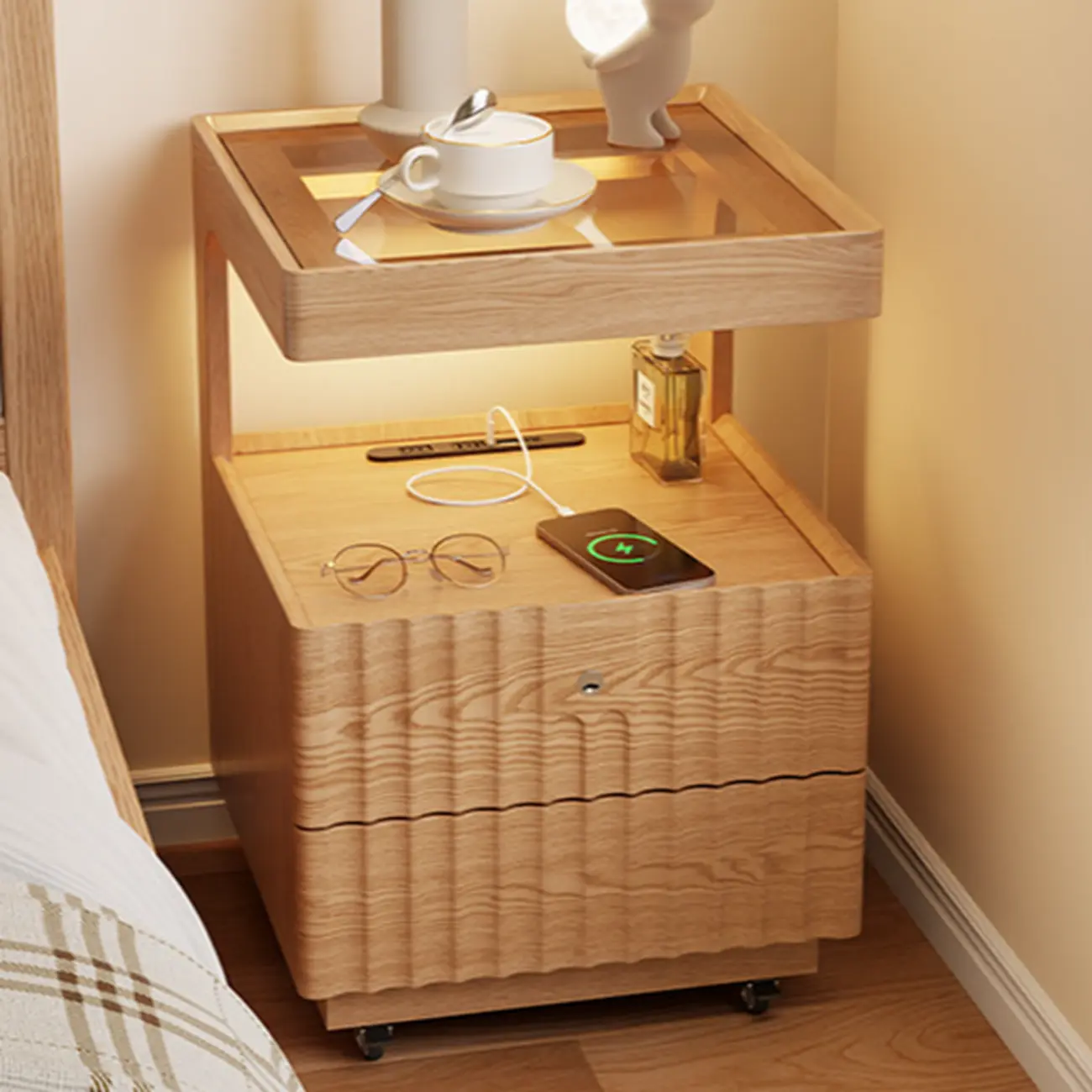 Glass Top Wooden 2-drawer Nightstand with Led Lighting Image - 6 | homeyfad