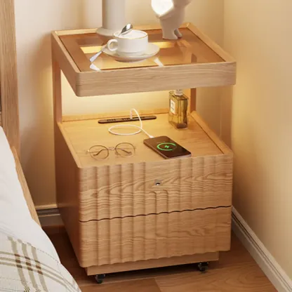 Glass Top Wooden 2-drawer Nightstand with Led Lighting Image - 6