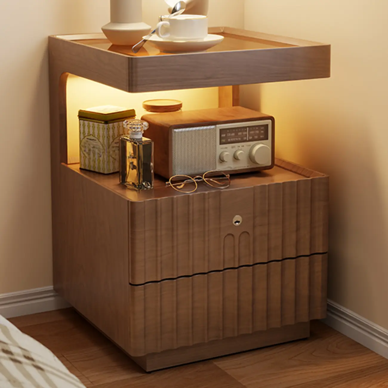 Glass Top Wooden 2-drawer Nightstand with Led Lighting Image - 3 | homeyfad