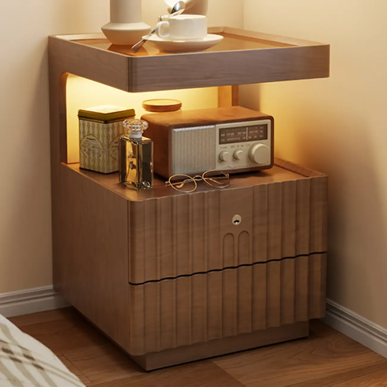 Glass Top Wooden 2-drawer Nightstand with Led Lighting Image - 3