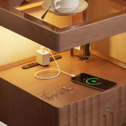Glass Top Wooden 2-drawer Nightstand with Led Lighting Image - 9