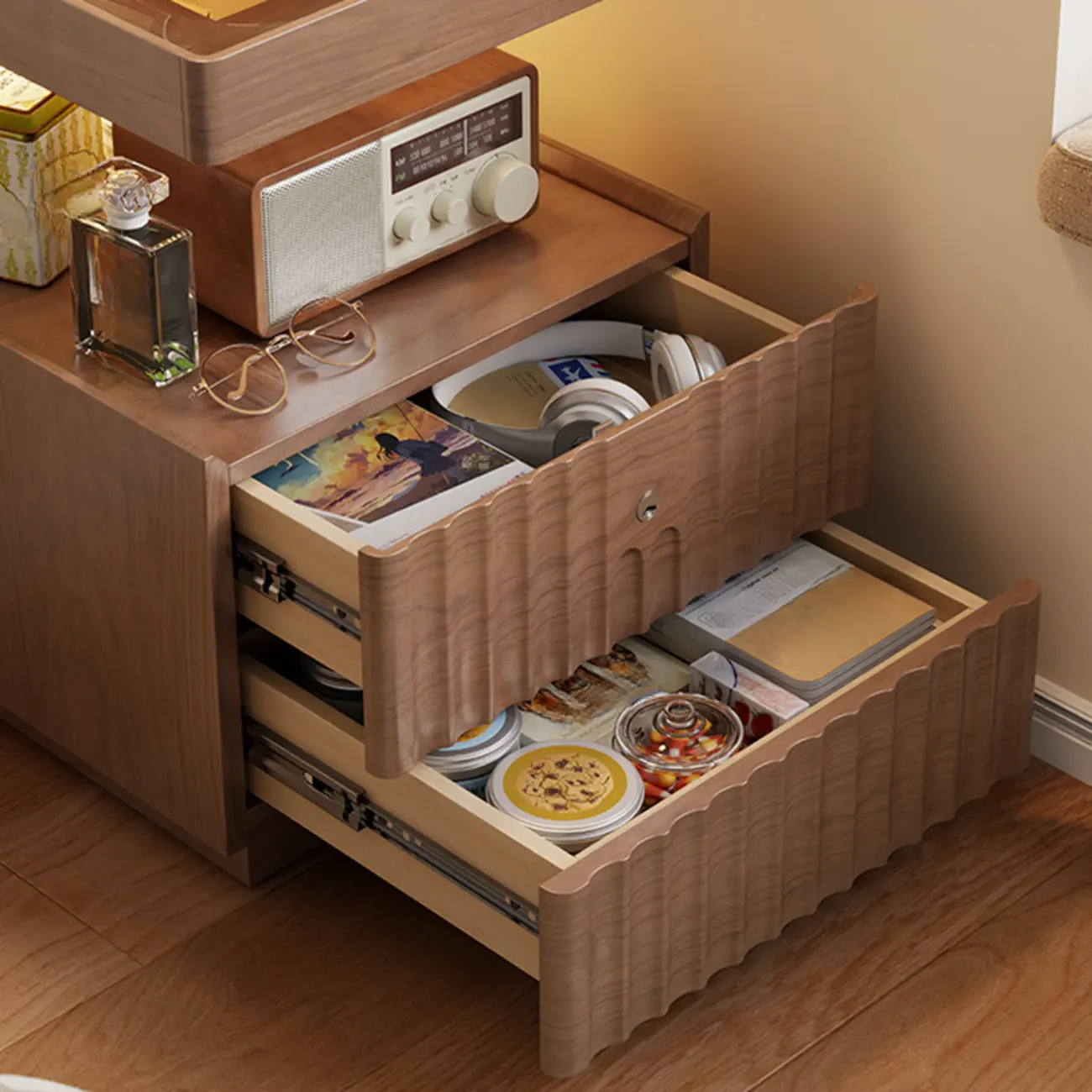 Glass Top Wooden 2-drawer Nightstand with Led Lighting Image - 10 | homeyfad