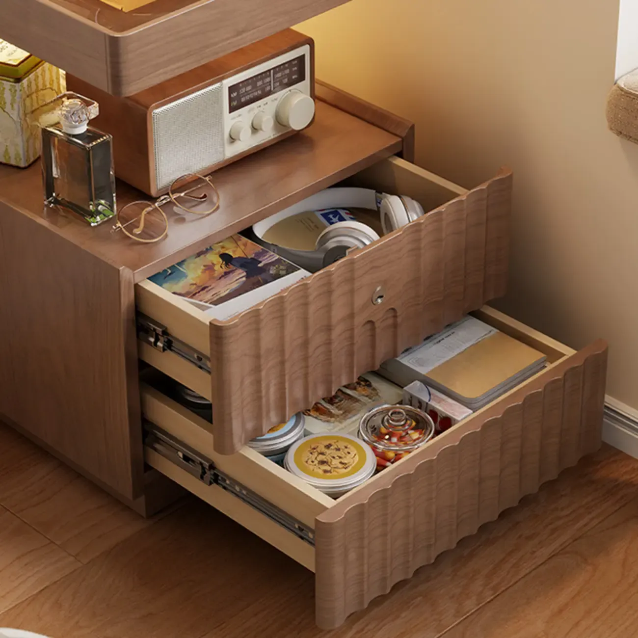 Glass Top Wooden 2-drawer Nightstand with Led Lighting Image - 10