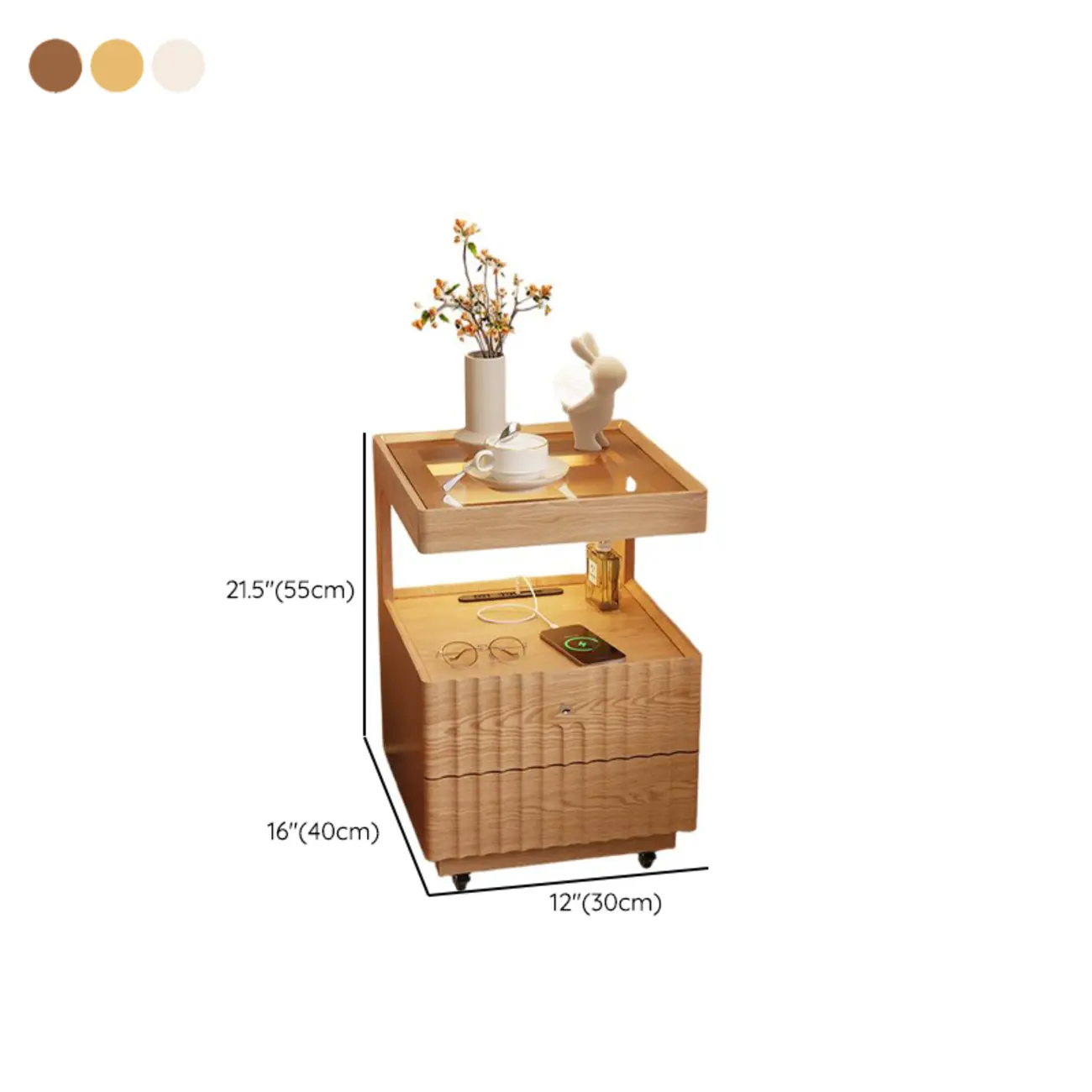 Glass Top Wooden 2-drawer Nightstand with Led Lighting Image - 13 | homeyfad