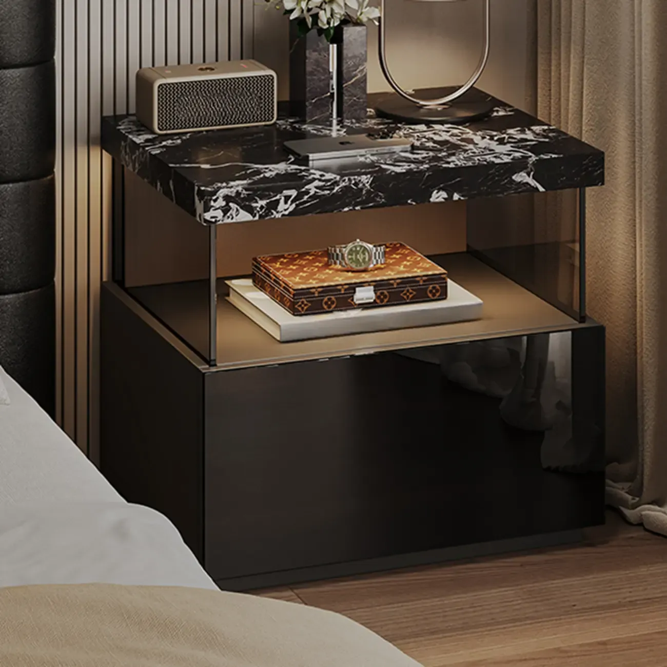 Black Modern Sintered Stone Top 2-tier Nightstand with Light Image - 1